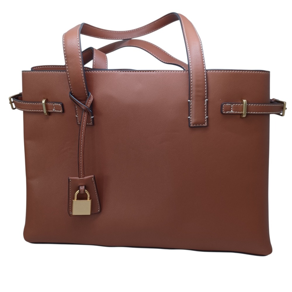 Mango MNG Brown Faux‎ Leather Tote Bag Gold Padlock Charm Work Satchel Chic